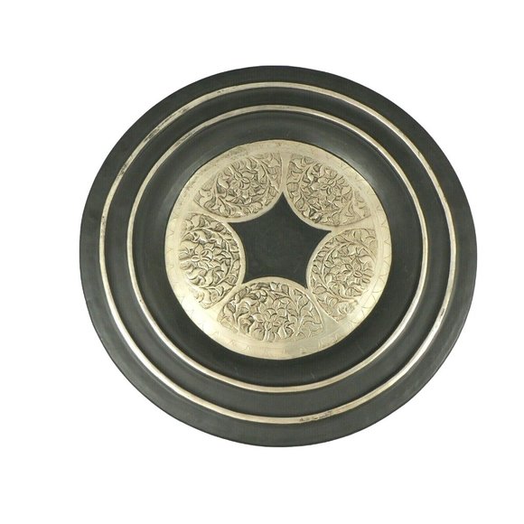 Metal Wall Plate Platter Centerpiece Tray Embossed Stamped Floral Design Hanger - Picture 1 of 12